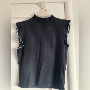 Black Sleeveless Ribbed Blouse with Ruffled Accents